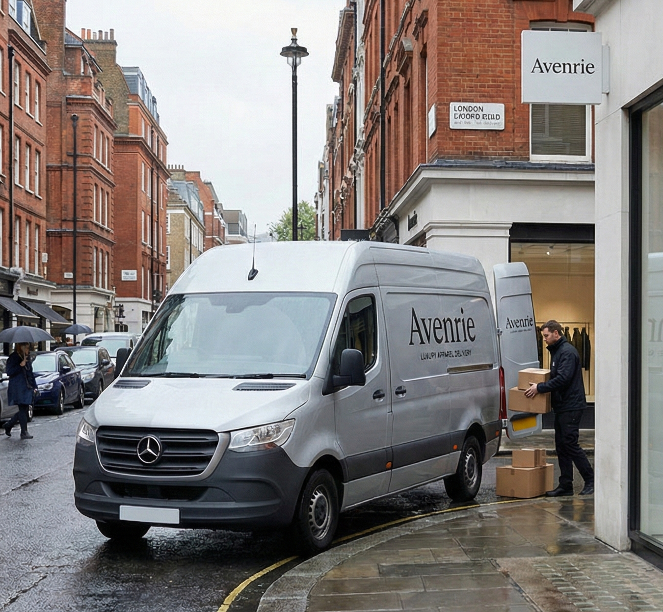 Ultra-realistic photo of Avenrie clothing store in the UK, showing a modern minimalist facade with large glass windows displaying three mannequins in stylish outfits. Side angle view with natural light and realistic reflections.